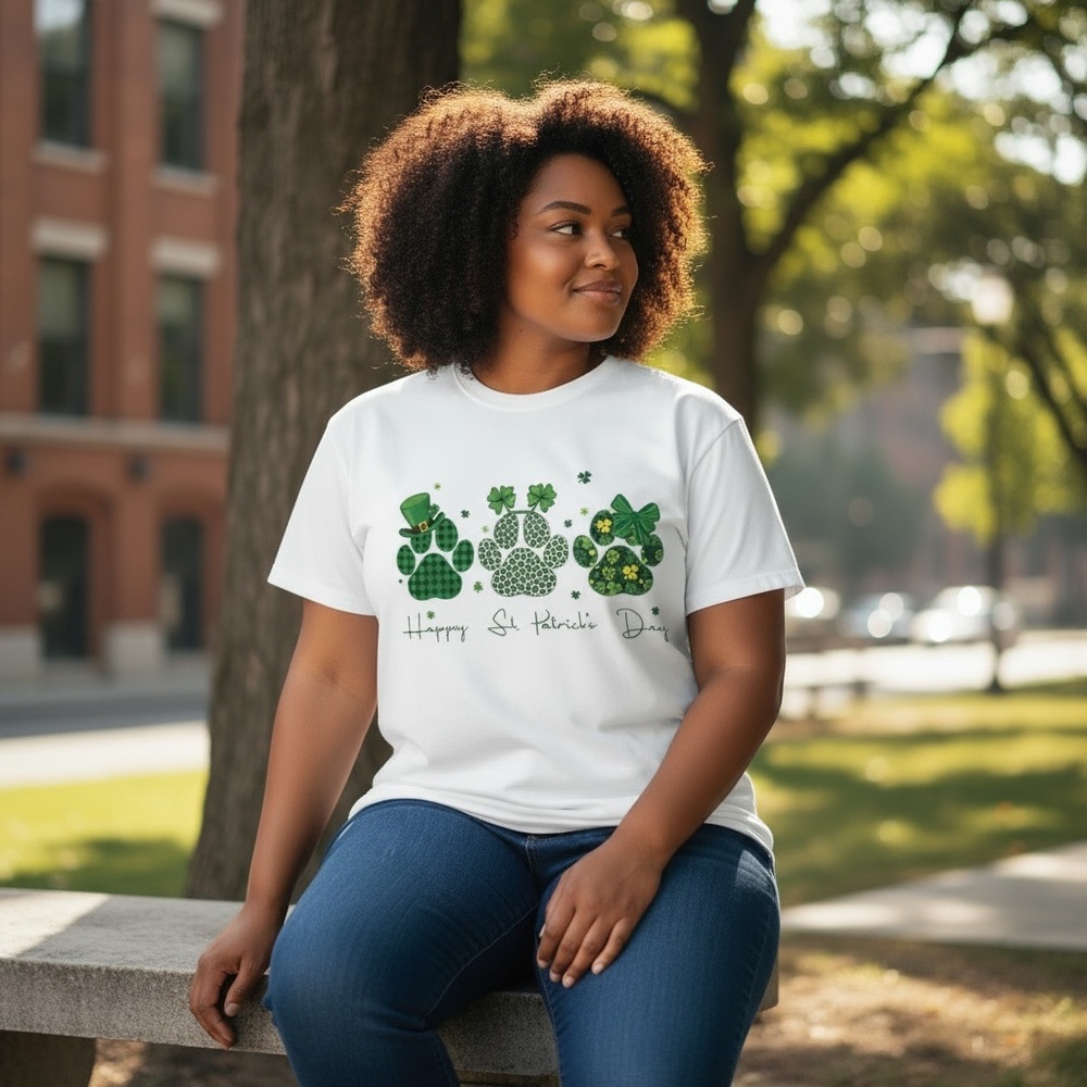 White St. Patrick's Day T-Shirt cute PAW PRINTS NWOT